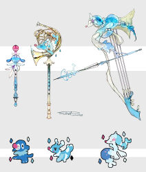 Rule 34 | absurdres, blue theme, bow (music), bow (weapon), brionne, creatures (company), dated, evolutionary line, flute, french horn, game freak, gen 7 pokemon, grey background, highres, instrument, instrument fusion, instrument request, nintendo, no humans, objectification, pokemon, pokemon (creature), popplio, primarina, signature, sukepmonster, themed object, water, weapon, white background
