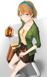 Rule 34 | 1girl, alternate costume, bad id, bad nicoseiga id, bag, blouse, blue footwear, blush, breasts, brown hair, burger, crab, food, green shirt, hair between eyes, highres, kantai collection, looking at viewer, looking up, miniskirt, oboro (kancolle), open mouth, pallad, red eyes, shirt, short hair, sitting, skirt, small breasts, solo, yellow shirt