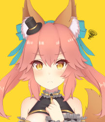 Rule 34 | 10s, 1girl, absurdres, animal ear fluff, animal ears, bad id, bad pixiv id, closed eyes, fate/extra, fate/grand order, fate (series), fox ears, fox girl, frown, green ribbon, hair ornament, hand on own chest, hat, highres, looking at viewer, mini hat, mini top hat, official alternate costume, pink hair, portrait, rachione, ribbon, simple background, solo, tamamo (fate), tamamo no mae (fate/extra), tamamo no mae (sable mage) (fate), top hat, yellow background, yellow eyes
