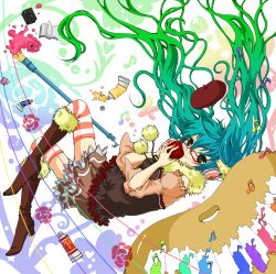 Rule 34 | 1girl, apple, bespectacled, boots, female focus, food, fruit, full body, glasses, gradient hair, green eyes, green hair, hatsune miku, high heels, highres, knee boots, legs, long hair, matching hair/eyes, multicolored hair, paint, palette (object), sakuranbotoko, shoes, skirt, solo, striped clothes, striped thighhighs, thighhighs, twintails, very long hair, vocaloid