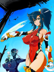 Rule 34 | 2girls, bare shoulders, blue eyes, blue hair, blue skin, bodysuit, breasts, colored skin, covered erect nipples, dagger, dual wielding, elbow gloves, gloves, green eyes, groin, highleg, highleg leotard, highres, hip focus, holding, knife, large breasts, leotard, multiple girls, perky breasts, pointy breasts, side ponytail, sidelocks, skin tight, sword, thighhighs, thighs, weapon, yunioshi