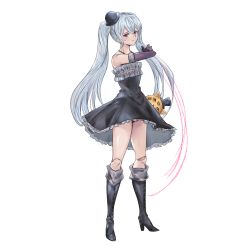 Rule 34 | 1girl, bare shoulders, black dress, black footwear, black hat, boots, closed mouth, doll joints, dress, elbow gloves, frilled dress, frills, gloves, granblue fantasy, grey hair, hair between eyes, hat, high heel boots, high heels, highres, jewelry, joints, long hair, necklace, off-shoulder dress, off shoulder, orchis, purple eyes, purple gloves, simple background, single bare shoulder, solo, standing, string, stuffed animal, stuffed toy, twintails, white background, yamada1008b