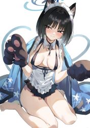 Rule 34 | 1girl, alternate costume, animal ears, animal hands, apron, barefoot, black eyes, black gloves, black hair, black skirt, blue archive, blue halo, breasts, cat ears, cat paws, cat tail, enmaided, eyeliner, gloves, halo, haori, highres, japanese clothes, kikyou (blue archive), maid, maid apron, maid headdress, makeup, medium breasts, multiple tails, paw gloves, pleated skirt, red eyeliner, short hair, simple background, skirt, soles, solo, tail, toes, two tails, unacchi (nyusankin), white apron, white background