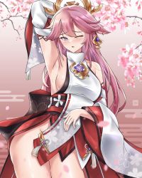 Rule 34 | 1girl, animal ears, armpits, bare shoulders, blurry, blurry foreground, bottomless, branch, breasts, cherry blossoms, commentary, cowboy shot, detached sleeves, earrings, english commentary, floral print, fox ears, fox girl, freshtango, genshin impact, hair ornament, highres, japanese clothes, jewelry, kimono, kitsune, large breasts, long sleeves, necklace, one eye closed, open mouth, petals, pink hair, presenting armpit, sideboob, solo, tassel, wide sleeves, yae miko