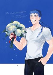 Rule 34 | 1boy, alternate costume, blue hair, bouquet, closed mouth, cowboy shot, cu chulainn (fate), cu chulainn (fate/stay night), earrings, english text, fang, fate/stay night, fate (series), floating hair, flower, grin, hand in pocket, happy birthday, highres, holding, holding bouquet, hydrangea, inamugi, jewelry, long hair, male focus, muscular, muscular male, pants, ponytail, ribbon, shirt, short sleeves, simple background, smile, solo, spiked hair, t-shirt, v-neck
