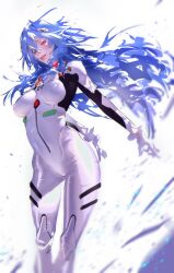 Rule 34 | 1girl, arms behind back, artist logo, ayanami rei, blue hair, blush, bodysuit, breasts, evangelion: 3.0+1.0 thrice upon a time, feet out of frame, hair ornament, highres, long hair, medium breasts, neon genesis evangelion, parted lips, pink lips, plugsuit, rebuild of evangelion, red eyes, simple background, solo, uchiha i arts, white background, white bodysuit