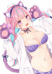Rule 34 | 1girl, @ @, ahoge, animal ears, animal hands, bra, braid, breasts, cat ears, cat tail, d:, dutch angle, fang, frilled bra, frilled panties, frills, gloves, highres, hololive, large breasts, long sleeves, minato aqua, multicolored hair, navel, open clothes, open mouth, open shirt, panties, paw gloves, paw pose, purple bra, purple eyes, purple hair, purple panties, rikotan, simple background, tail, twin braids, two-tone hair, underwear, virtual youtuber