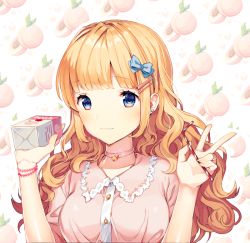 Rule 34 | 1girl, bad id, bad pixiv id, blue bow, blue eyes, blush, bow, breasts, brown hair, choker, closed mouth, drinking straw, hair bow, hair ornament, hairclip, juice box, large breasts, long hair, looking at viewer, original, satchely, smile, solo, upper body, v