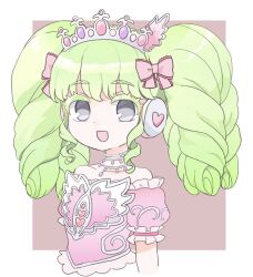 Rule 34 | 1girl, bow, colored eyelashes, dress, drill hair, falulu, green hair, grey eyes, hair ribbon, headphones, long hair, looking at viewer, mikoromo310, open mouth, pink bow, pink dress, pretty series, pripara, puffy sleeves, ribbon, sidelocks, smile, solo, tiara, twin drills, twintails, upper body