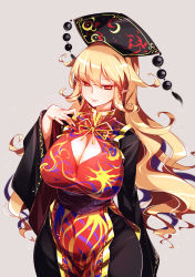 Rule 34 | 1girl, arm at side, black dress, black hat, black nails, blonde hair, breasts, cleavage, cleavage cutout, closed mouth, clothing cutout, cowboy shot, dress, expressionless, fingernails, grey background, hat, highres, junko (touhou), large breasts, long fingernails, long hair, long sleeves, looking at viewer, nail polish, pointy ears, raptor7, red eyes, sash, sharp fingernails, simple background, solo, tabard, tassel, touhou, wavy hair, wide sleeves