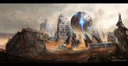 Rule 34 | absurdres, artist name, bad id, bad pixiv id, blurry, building, cloud, day, depth of field, desert, glowing, grey sky, highres, house, landscape, letterboxed, machinery, mobius (suicideloli), no humans, orb, original, ruins, scenery, science fiction, sky, wasteland, window