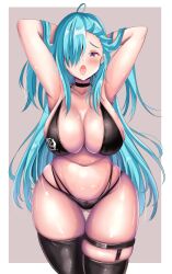 Rule 34 | 1girl, akeno(itsnafulol), armpits, arms behind head, arms up, ayannon yumme, bikini, black bikini, blue hair, breasts, choker, cleavage, curvy, hair between eyes, hair over one eye, large breasts, long hair, looking at viewer, open mouth, panties, purple eyes, solo, strap, swimsuit, thick thighs, thighhighs, thighs, tongue, tongue out, underwear, wide hips