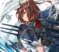 Rule 34 | 1girl, belt, blue dress, blue eyes, breasts, brown belt, brown hair, dress, flower, flower on breast, grey skirt, highres, kantai collection, looking away, medium breasts, miniskirt, ponytail, red flower, red rose, rose, sheffield (kancolle), short sleeves, skirt, solo, sunday aki, turret