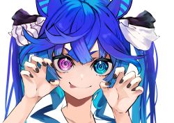 Rule 34 | 1girl, absurdres, animal ears, black nails, blue eyes, blue hair, bow, claw pose, closed mouth, hair between eyes, hair bow, heterochromia, highres, horse ears, horse girl, long hair, looking at viewer, nail polish, purple eyes, simple background, smile, solo, toa510, tongue, tongue out, twin turbo (umamusume), twintails, umamusume, upper body, white background