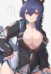 Rule 34 | ..., 1girl, arknights, asususususu, black jacket, blue hair, blush, breasts, ch&#039;en (arknights), ch&#039;en the holungday (arknights), cleavage, collarbone, cowboy shot, dragon horns, hair between eyes, hand on own hip, highres, horns, jacket, large breasts, long hair, long sleeves, looking at viewer, no bra, open clothes, open jacket, parted lips, red eyes, simple background, solo, speech bubble, spoken ellipsis, track jacket, white background