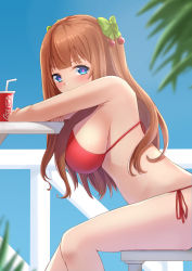 Rule 34 | + +, .live, 1girl, armpits, bikini, blue eyes, blue sky, blunt bangs, blurry, blurry foreground, blush, bow, breasts, bright pupils, brown hair, chair, cherry hair ornament, coca-cola, commentary request, covered mouth, crossed arms, cup, day, depth of field, drinking straw, feet out of frame, food-themed hair ornament, from side, green bow, hair between eyes, hair bow, hair ornament, highres, kakyouin chieri, large breasts, leaning forward, long hair, looking at viewer, looking back, looking to the side, on chair, outdoors, railing, red bikini, side-tie bikini bottom, sideboob, sidelocks, sitting, sky, solo, straight hair, string bikini, swimsuit, symbol-shaped pupils, table, thighs, tipo (tipoplaza), two side up, v-shaped eyebrows, virtual youtuber