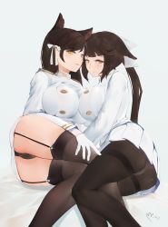 Rule 34 | 2girls, animal ears, atago (azur lane), azur lane, black hair, black legwear, bow, breasts, brown eyes, commentary request, garter straps, gloves, hair bow, highres, large breasts, long hair, looking at viewer, military, military uniform, miniskirt, multiple girls, pantyhose, pencil skirt, ponytail, skirt, takao (azur lane), thighhighs, uniform, very long hair, white gloves, yueguang zhanglang