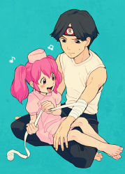Rule 34 | 1boy, 1girl, :d, aqua background, bad id, bad pixiv id, bandaged arm, bandages, barefoot, black eyes, black hair, blue background, blush, character request, copyright request, expressionless, feet, full body, hat, headband, indian style, looking down, musical note, nurse, nurse cap, on lap, open mouth, pink eyes, pink hair, short hair, short twintails, simple background, sitting, sitting on lap, sitting on person, smile, sweatdrop, t k g, toes, twintails, two side up