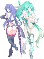 Rule 34 | 2girls, armor, armored boots, arms at sides, ass, bare back, bikini armor, black eyes, black footwear, black hair, black legwear, boots, breasts, choujigen game neptune, commentary request, earrings, elbow gloves, from behind, full body, gloves, green hair, green heart (neptunia), hair intakes, holding, holding polearm, holding spear, holding weapon, iris heart, jewelry, kami jigen game neptune v, leg lift, long hair, looking at viewer, looking back, multiple girls, neptune (series), polearm, ponytail, pururut, red eyes, sidelocks, simple background, smile, spear, thighhighs, transparent background, underboob, vert (neptunia), weapon, white background, white legwear