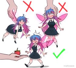 Rule 34 | 1girl, :d, black footwear, black necktie, blue hair, blush, breasts, checkmark, dress, fairy, fairy wings, food, fruit, full body, how to hold x (meme), lifting person, long hair, medium breasts, medium dress, meme, mini person, minigirl, multiple views, necktie, nose blush, nradiowave, open mouth, original, pinafore dress, pointy ears, shirt, short sleeves, simple background, size difference, sleeveless, sleeveless dress, smile, socks, strawberry, white background, white shirt, white socks, wing hold, wings, x
