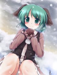 Rule 34 | 1girl, animal ears, blush, brown dress, brown gloves, dress, female focus, gloves, green eyes, green hair, hands on own chest, highres, kasodani kyouko, lzh, matching hair/eyes, mittens, panties, pantyshot, pom pom (clothes), short hair, sitting, sky, smile, snow, snowing, solo, touhou, underwear, vest, white panties, wild and horned hermit
