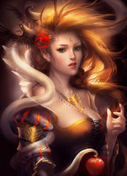 Rule 34 | 1girl, apple, bare legs, bird, blue eyes, breasts, cleavage, disney, elf, flower, food, forehead jewel, fruit, highres, jewelry, lace, large breasts, long hair, looking at viewer, necklace, orange hair, original, pale skin, pointy ears, puff and slash sleeves, puffy sleeves, rose, sakimichan, snow white, snow white (disney), snow white and the seven dwarfs, watermark