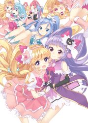Rule 34 | ahoge, aida mana, aino megumi, black outerwear, black vest, blonde hair, blue hair, blue outfit, blue skirt, body piercing, boots, buntan, cure diamond, cure flora, cure happy, cure heart, cure lovely, cure mermaid, cure peace, cure princess, dokidoki! precure, dress, earrings, go! princess precure, holding hands, happinesscharge precure!, haruno haruka, streaked hair, highres, hishikawa rikka, hoshizora miyuki, hug, jewelry, kaidou minami, kise yayoi, light background, long hair, looking at viewer, magical girl, multicolored hair, open mouth, pink dress, pink footwear, pink hair, pink shorts, pink skirt, ponytail, precure, precure all stars, shirayuki hime, shoes, short sleeves, shorts, simple background, skirt, smile, smile precure!, twintails, two-tone hair, vest, wavy hair, white background