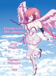 Rule 34 | 1girl, ahoge, angel wings, animator, bare shoulders, blue sky, breasts, chain, cleavage, closed eyes, cloud, collarbone, comiket, eyebrows hidden by hair, feathered wings, floating, ikaros, open mouth, panties, pink hair, short hair, sky, solo, sora no otoshimono, thighhighs, underwear, watanabe yoshihiro, white thighhighs, wings