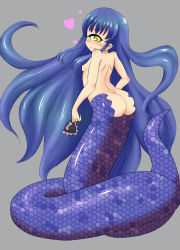 Rule 34 | 1girl, absurdres, ass, blue hair, blush, breasts, cyclops, highres, ktarl, lamia, monster girl, nipples, one-eyed, small breasts, smile, solo, yellow eyes