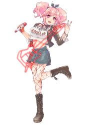 Rule 34 | 1girl, alternate costume, boots, breasts, crop top, fishnets, guitar, highres, holding, holding microphone, instrument, large breasts, looking at viewer, m rgfn, macross, macross delta, makina nakajima, medium hair, microphone, navel, open mouth, pink eyes, pink hair, smile, solo, twintails, white background