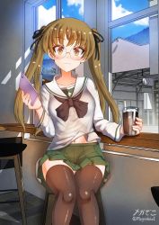 Rule 34 | 1girl, 3d background, black thighhighs, blonde hair, blush, breasts, cellphone, closed mouth, collarbone, cup, drink, girls und panzer, glass, glasses, highres, holding, holding cup, indoors, iphone, long hair, looking at viewer, megadeko, microskirt, navel, oono aya, phone, shiny skin, sitting, skirt, small breasts, smartphone, smile, solo, thighhighs, twintails, window, yellow eyes