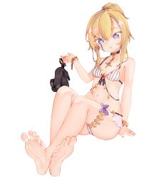 Rule 34 | 1girl, barefoot, bikini, blonde hair, feet, highres, holding, holding shoes, long hair, looking at viewer, open mouth, ponytail, sandals, unworn sandals, shoes, unworn shoes, soles, swimsuit, toes