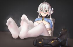Rule 34 | 1girl, breasts, chair, chinese clothes, cleavage, feet, feet on table, green eyes, hakurei fling, highres, light blush, long hair, pantyhose, shoes, sitting, soles, steam, twintails, unworn shoes, white hair, white pantyhose