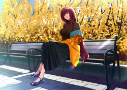 Rule 34 | 1girl, absurdres, alternate costume, bench, black skirt, blush, breasts, brown sweater, closed mouth, contemporary, crossed legs, fate/grand order, fate (series), hair intakes, highres, jacket, large breasts, long hair, long skirt, long sleeves, looking at viewer, mary janes, off shoulder, open clothes, open jacket, purple hair, red eyes, ribbed sweater, scathach (fate), shijie jianfa, shoes, sitting, skirt, smile, solo, sweater, turtleneck, turtleneck sweater, yellow jacket