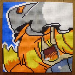 Rule 34 | 1girl, around corner, blonde hair, covering face, covering own mouth, covering privates, female focus, fox tail, hair over one eye, hands in opposite sleeves, hat, highres, lego, lego (medium), photo (medium), pixel art, solo, table, tail, touhou, unconventional media, yakumo ran, yellow eyes, you rei (blowback)