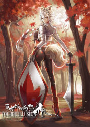 Rule 34 | 1girl, adapted costume, animal ears, ass, breasts, cropped jacket, dantewontdie, forest, from behind, gauntlets, high heels, inubashiri momiji, jacket, leaf, long sleeves, looking at viewer, looking back, maple leaf, maple tree, midriff, nature, outdoors, pants, scarf, scimitar, shield, short hair, solo, standing, striped clothes, striped scarf, sword, tail, tight clothes, tight pants, touhou, tree, weapon, wedgie, white hair, wolf ears, wolf tail