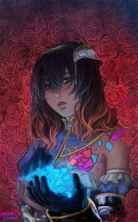Rule 34 | 1girl, black hair, bloodstained: ritual of the night, blue eyes, breasts, brown hair, detached sleeves, flower, gauntlets, gradient hair, hair between eyes, hair ornament, highres, horns, looking at viewer, miriam (bloodstained), multicolored hair, pale skin, rocket launcher, rose, rpg (weapon), short hair, simple background, solo, stained glass, stephanie sybydlo, tattoo, weapon