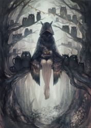 Rule 34 | androgynous, animal, bare legs, bare tree, barefoot, bird, black theme, branch, bunting, cloak, commentary, cup, facing viewer, feathered wings, feathers, forest, gender request, glowing, glowing eyes, holding, holding cup, holding plate, hood, hooded cloak, in tree, light particles, looking at viewer, mouth hold, nature, original, owl, pennant, plant, plate, saucer, sitting, steam, string of flags, tea party, teacup, teapot, tree, vines, wings, yoshioka (haco), yso ac