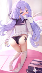Rule 34 | 1girl, absurdres, ahoge, ass, azur lane, bag, bed, bed sheet, bedroom, black panties, blunt bangs, blurry, blush, cellphone, commentary request, covering own mouth, dappled sunlight, depth of field, eyes visible through hair, from behind, hair ornament, hair tubes, highres, holding, holding phone, hugging doll, hugging object, irokari, long hair, looking at viewer, looking back, low twintails, no shoes, official alternate costume, on bed, panties, pantyhose, phone, purple eyes, purple hair, school bag, school uniform, serafuku, side-tie panties, sidelocks, skirt, smartphone, soles, solo, stuffed animal, stuffed toy, stuffed winged unicorn, sunlight, taking picture, twintails, underwear, unicorn (azur lane), unicorn (long-awaited date) (azur lane), unworn pantyhose, unworn skirt, white pantyhose, window, x hair ornament