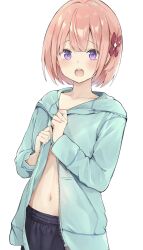 Rule 34 | 1girl, aqua jacket, black shorts, copyright request, flat chest, hair ornament, hands up, highres, hood, hood down, hooded jacket, jacket, kusumoto touka, long sleeves, looking at viewer, navel, open mouth, pink hair, purple eyes, short hair, shorts, simple background, solo, teeth, unzipped, upper teeth only, white background, zipper, zipper pull tab