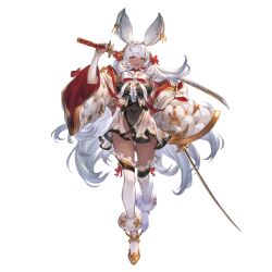 Rule 34 | 1girl, animal ears, black leotard, bow, breasts, dark-skinned female, dark skin, detached sleeves, dual wielding, ear piercing, full body, gluteal fold, granblue fantasy, hair bow, holding, holding sword, holding weapon, katana, large breasts, leotard, long hair, long sleeves, looking at viewer, makura (granblue fantasy), minaba hideo, open mouth, piercing, rabbit ears, red bow, solo, sword, thighhighs, transparent background, weapon, white hair, white thighhighs, wide sleeves, yellow eyes