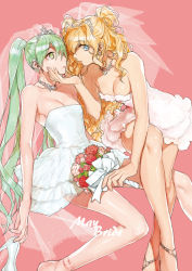 Rule 34 | 2girls, bad id, bad pixiv id, bare shoulders, blonde hair, blue eyes, bouquet, breasts, bridal veil, cleavage, curly hair, dress, female focus, flower, green eyes, green hair, hand on another&#039;s chin, hatsune miku, high heels, jewelry, long hair, multiple girls, necklace, pin (leehn0507), pink background, rose, seeu, shoes, tiara, twintails, veil, very long hair, vocaloid, wedding dress, white dress, wife and wife, yuri