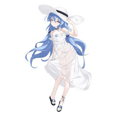 Rule 34 | 1girl, absurdres, blue eyes, blue hair, choker, dress, full body, hat, highres, long hair, low twintails, original, pink eyes, sandals, see-through, simple background, solo, sun hat, twintails, white background, white dress, yume (454565427)