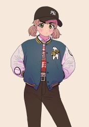 Rule 34 | 1girl, baseball cap, black hat, black pants, blush, brown background, brown hair, closed mouth, commentary, cowboy shot, english commentary, green eyes, hands in pockets, hat, highres, jacket, letterman jacket, monamin, new york yankees, pants, short twintails, simple background, solo, twintails