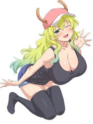 Rule 34 | 1girl, bare shoulders, blue shorts, blush, breasts, cleavage, collarbone, denim, denim shorts, dragon girl, hat, horns, huge breasts, kobayashi-san chi no maidragon, loliconder, long hair, looking at viewer, lucoa (maidragon), no shoes, one eye closed, pink hat, red hat, shorts, simple background, slit pupils, smile, solo, thighhighs, wavy hair, white background