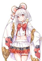 Rule 34 | 1girl, animal, animal ears, animal on shoulder, arm up, blush, bow, brooch, cheese, closed mouth, commentary request, food, frilled skirt, frills, granblue fantasy, hair bow, hand on own ear, head tilt, heart, heart brooch, jewelry, long sleeves, looking at viewer, midriff, mouse (animal), mouse ears, navel, photoshop (medium), pinching sleeves, pleated skirt, red bow, red eyes, shirt, simple background, skirt, sleeves past wrists, solo, striped, striped bow, thigh gap, vikala (granblue fantasy), wataame27, white background, white hair, white shirt, white skirt, wide sleeves