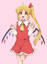 Rule 34 | 1girl, :d, ahoge, alternate costume, ascot, blonde hair, bocchi the rock!, commentary request, cosplay, crystal wings, detached ahoge, dress, flandre scarlet, flandre scarlet (cosplay), hair between eyes, hair ribbon, highres, ijichi nijika, long hair, long sleeves, looking at viewer, open mouth, orange eyes, pink background, red dress, ribbon, side ponytail, sidelocks, simple background, smile, solo, standing, standing on one leg, suwaneko, touhou
