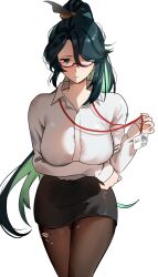 Rule 34 | 1girl, alternate costume, arm under breasts, black hair, black skirt, breasts, brown pantyhose, cloud retainer (genshin impact), collared shirt, commentary request, genshin impact, glasses, green hair, hair over one eye, high ponytail, highres, id card, large breasts, long hair, long sleeves, looking at viewer, mayuma (mayuma 0715), miniskirt, office lady, pantyhose, pencil skirt, red-framed eyewear, semi-rimless eyewear, shirt, skirt, solo, torn clothes, torn pantyhose, very long hair, white background, white shirt, xianyun (genshin impact)