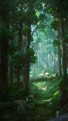 Rule 34 | 1girl, animal, commentary, cyclecircle, dappled sunlight, day, english commentary, fantasy, forest, fur, highres, holding, holding weapon, log, mononoke hime, moss, nature, outdoors, polearm, riding, san (mononoke hime), shade, solo, spear, spirit, stream, sunlight, tree, weapon, wolf