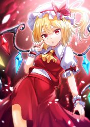 Rule 34 | 1girl, ascot, blonde hair, blush, bow, breasts, collared shirt, crystal, eyes visible through hair, fingernails, flandre scarlet, frills, gradient background, hair between eyes, hand up, hat, hat bow, highres, jewelry, light, long fingernails, looking at viewer, medium breasts, mob cap, multicolored wings, nail polish, one side up, open mouth, petals, puffy short sleeves, puffy sleeves, red background, red bow, red eyes, red nails, red skirt, red vest, renka (cloudsaikou), shirt, short hair, short sleeves, skirt, solo, standing, tongue, touhou, vest, white background, white hat, white shirt, wings, wrist cuffs, yellow ascot